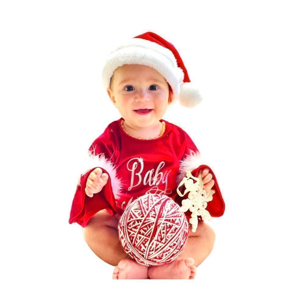 Baby Girls Santa Baby Faux Feather Sleeve Crushed Velvet Bodysuit - Sz 6-12 mo